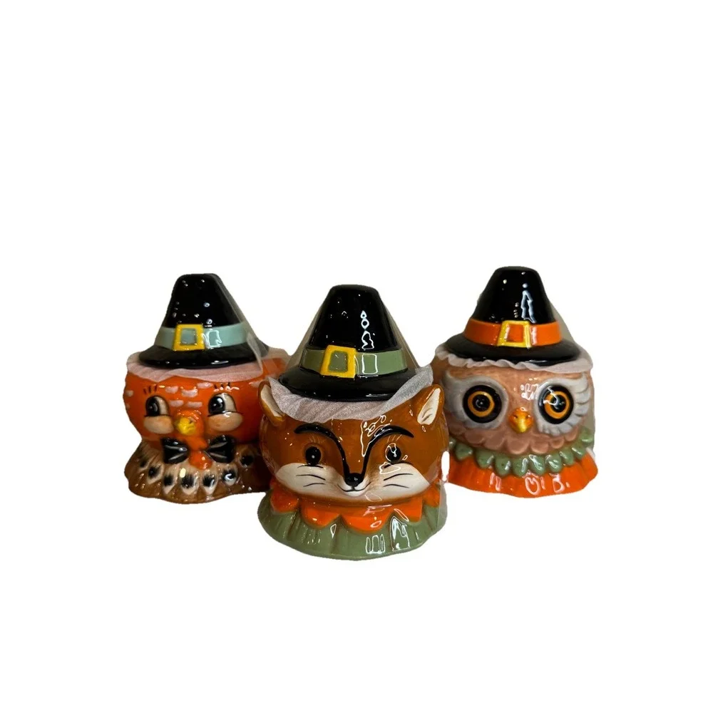 3 Johanna Parker Thanksgiving Turkey & Critters‎ Canister Jar Pilgrim Hat Bowls